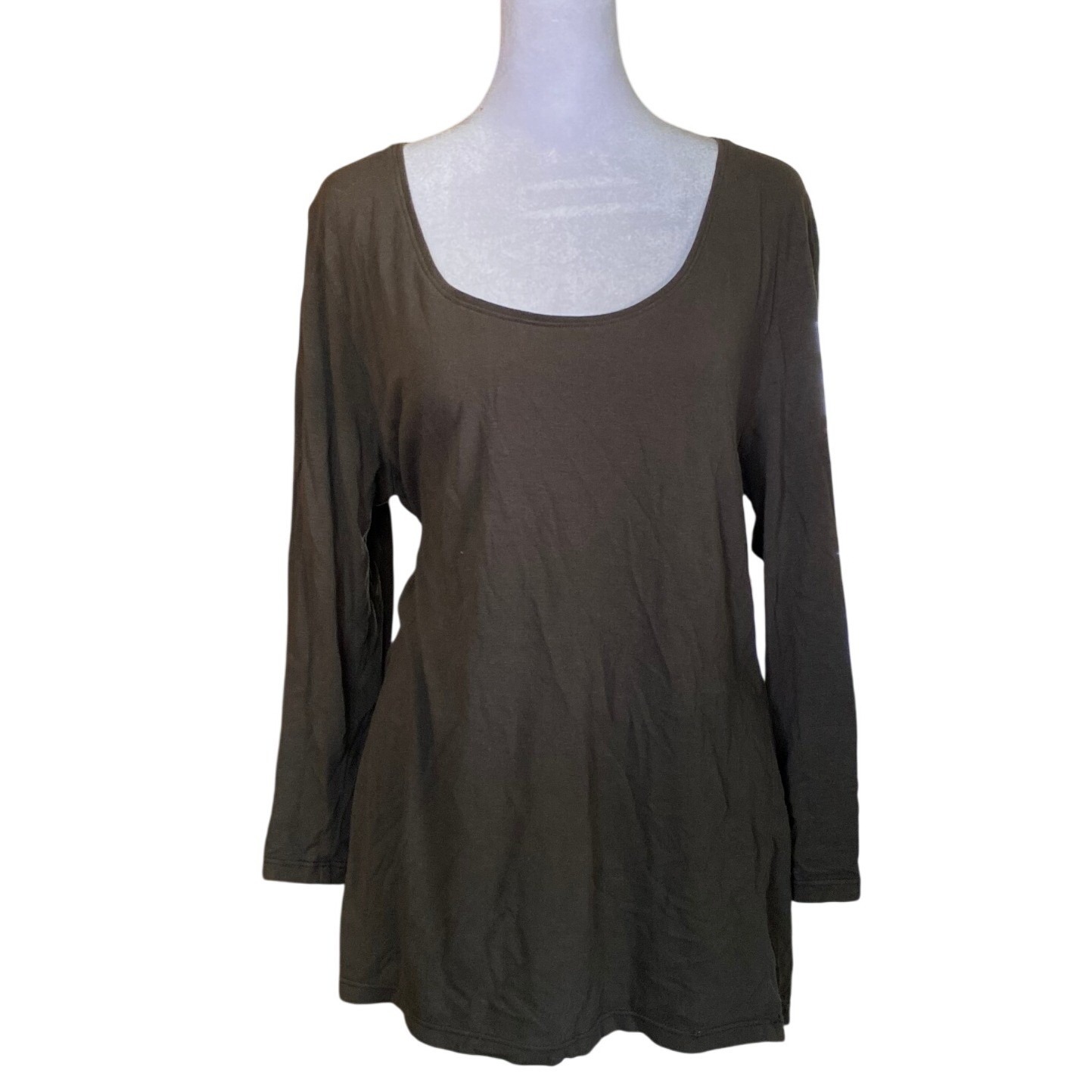 Eileen Fisher Chocolate Brown Scoop Neck Long Sleeve Top Small Quiet Luxury Luxe